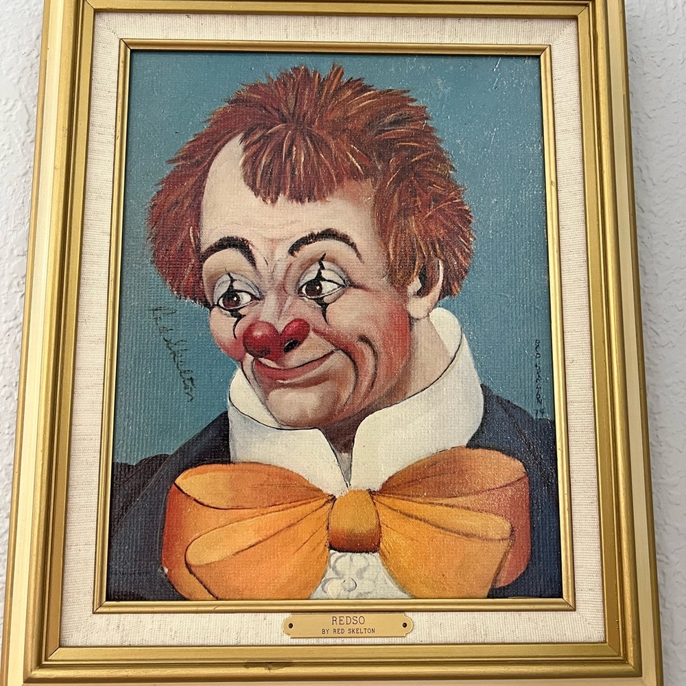 Red Skelton signed “Redso” Clown Portrait with Gold Frame